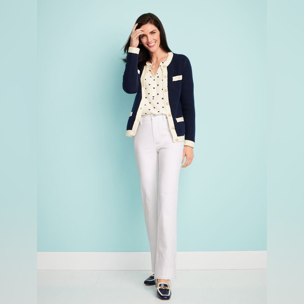 Talbots Bouclé Tipped Cardigan in navy and white with gold-toned buttons PS